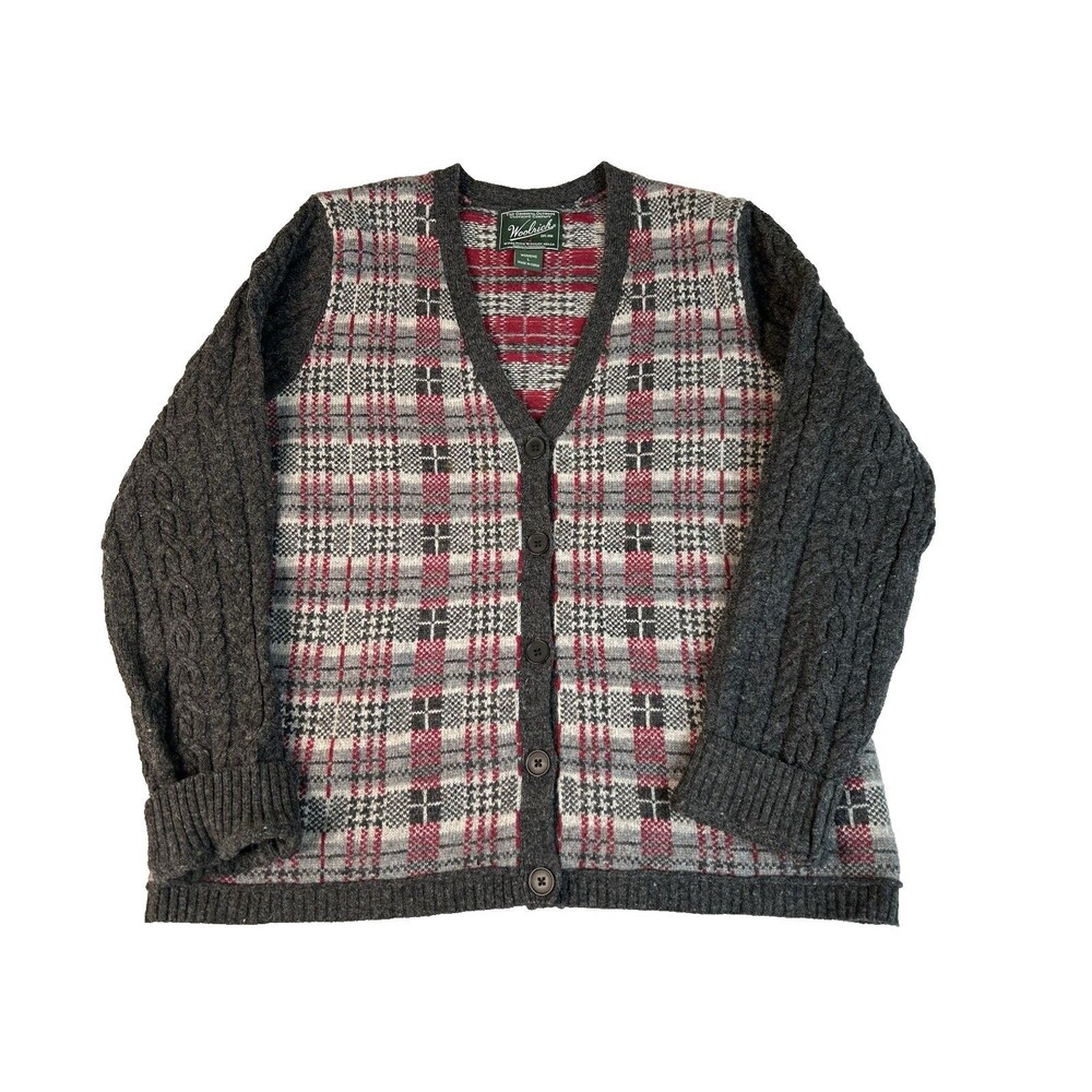 Woolrich Cardigan Sweater Women's Large Multi Plaid Knit Wool Blend V Neck